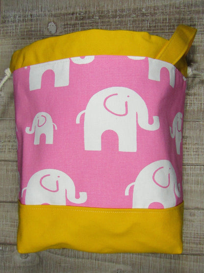 Knitting Project Bag Yellow Pink Elephant for medium to large projects