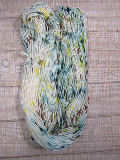 Hand-dyed yarn - Miles Merino/Cashstyle nylon worsted weight yarn with blue/green, yellow, and brown speckles.