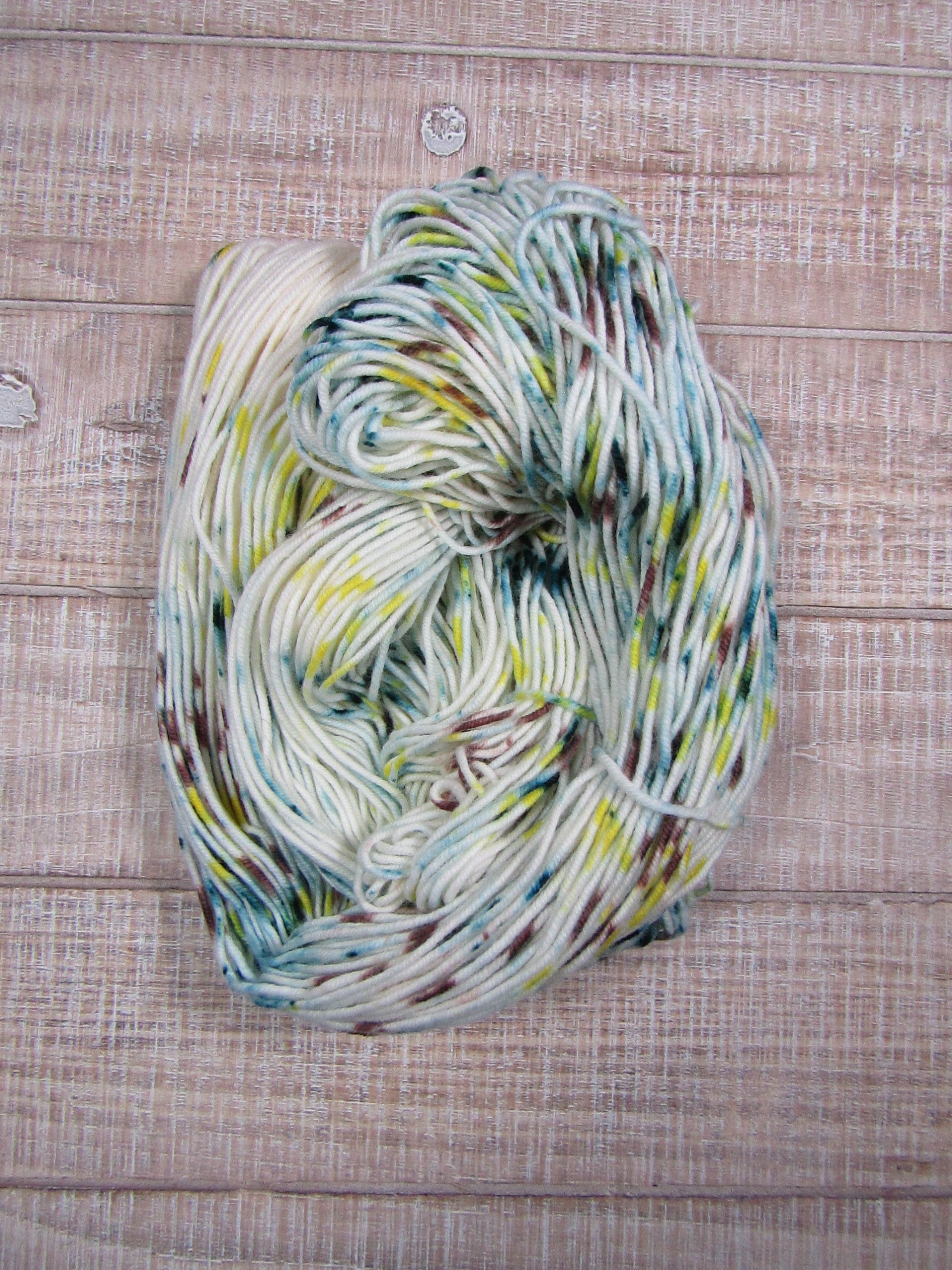 Hand-dyed yarn - Miles Merino/Cashstyle nylon worsted weight yarn with blue/green, yellow, and brown speckles.
