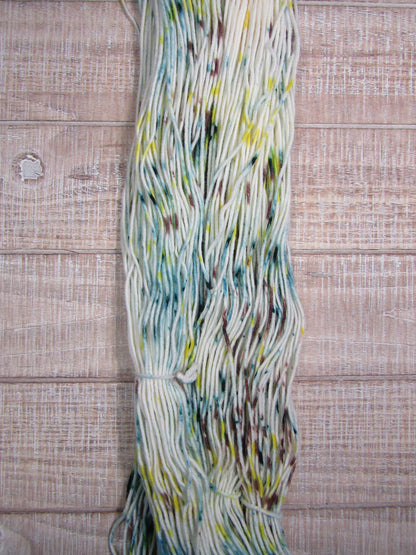 Hand-dyed yarn - Miles Merino/Cashstyle nylon worsted weight yarn with blue/green, yellow, and brown speckles.