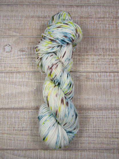 Hand-dyed yarn - Miles Merino/Cashstyle nylon worsted weight yarn with blue/green, yellow, and brown speckles.
