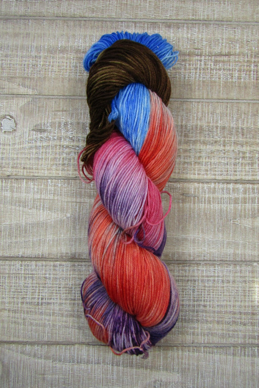 Hand-Dyed Yarn Bart is a mix of purple, chestnut, blue, pink and salmon colors.