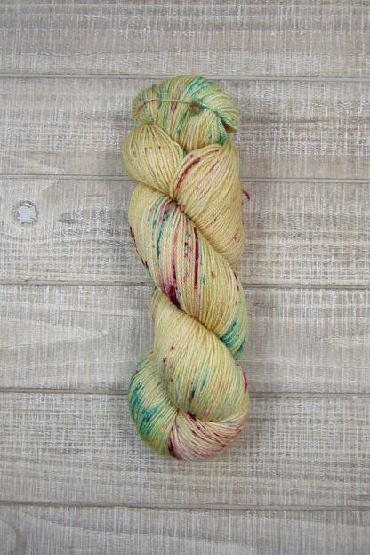 Hand-Dyed Yarn Harry is a color of golden straw with speckles of red and bright aqua.